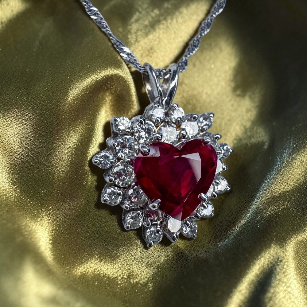 14K White Gold- Natural Ruby & Diamond Necklace -18"- 4.5cttw -Halo Heart -4.9g - Picture 16 of 16